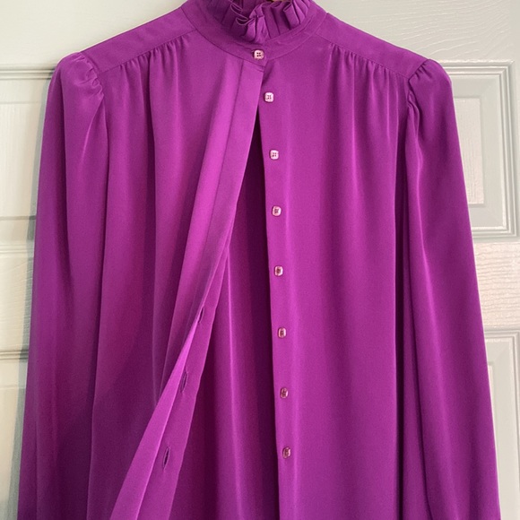 ST. JOHN royal purple high neck blouse with covered buttons & ruffle detail - Picture 3 of 12